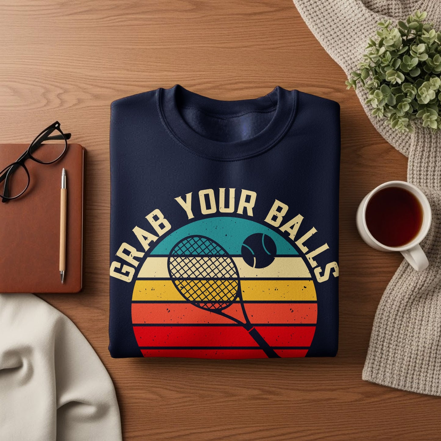 Navy sweatshirt with "GRAB YOUR BALLS" text and tennis racket graphic.