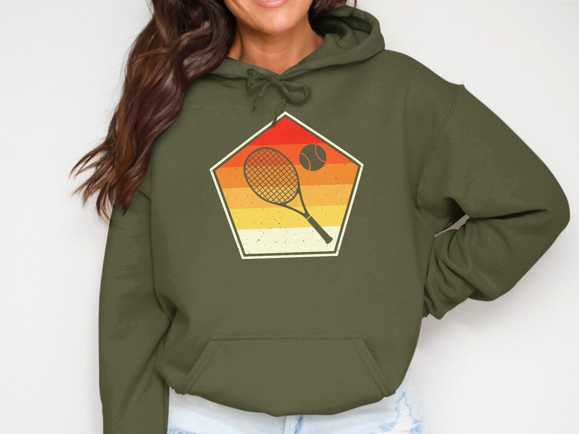 Olive green hoodie with retro tennis racket and ball graphic.
