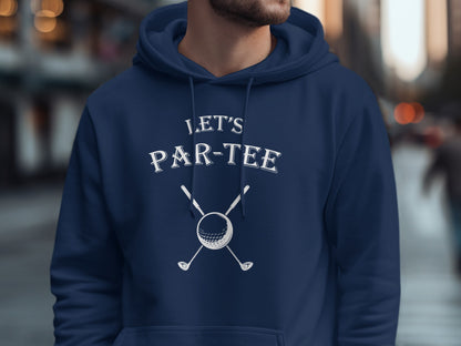 Navy hoodie with "LET'S PAR-TEE" text and crossed golf clubs with ball.