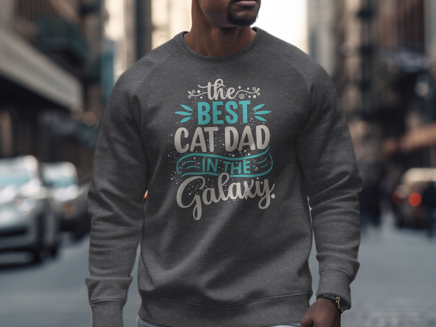 Grey sweatshirt with "The best cat dad in the Galaxy" text.