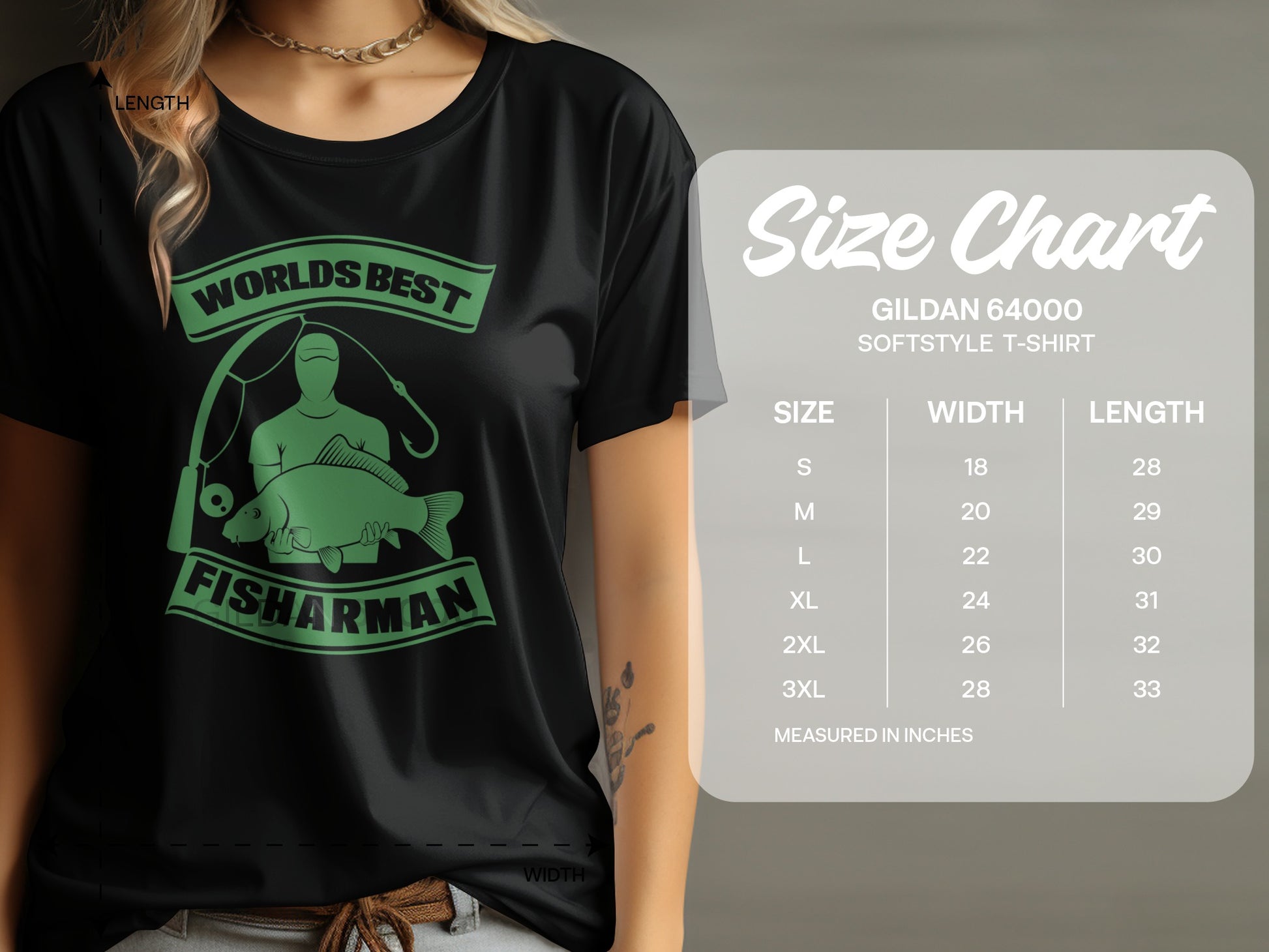 Black t-shirt with "Worlds Best Fisharman" graphic and Gildan 64000 size chart.