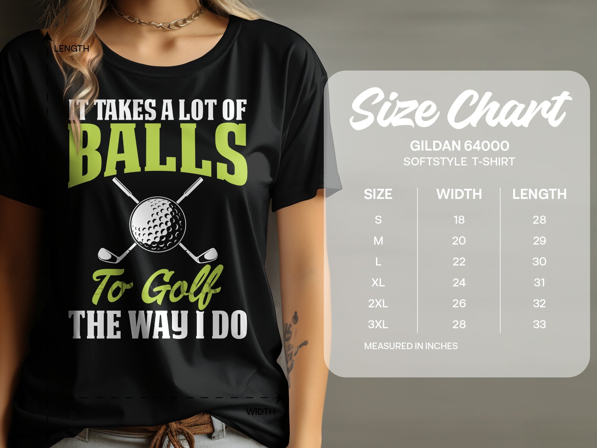 Black t-shirt with "It Takes a Lot of Balls To Golf The Way I Do" text and golf imagery.