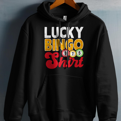Black hoodie with "Lucky Bingo Shirt" and bingo balls graphic.