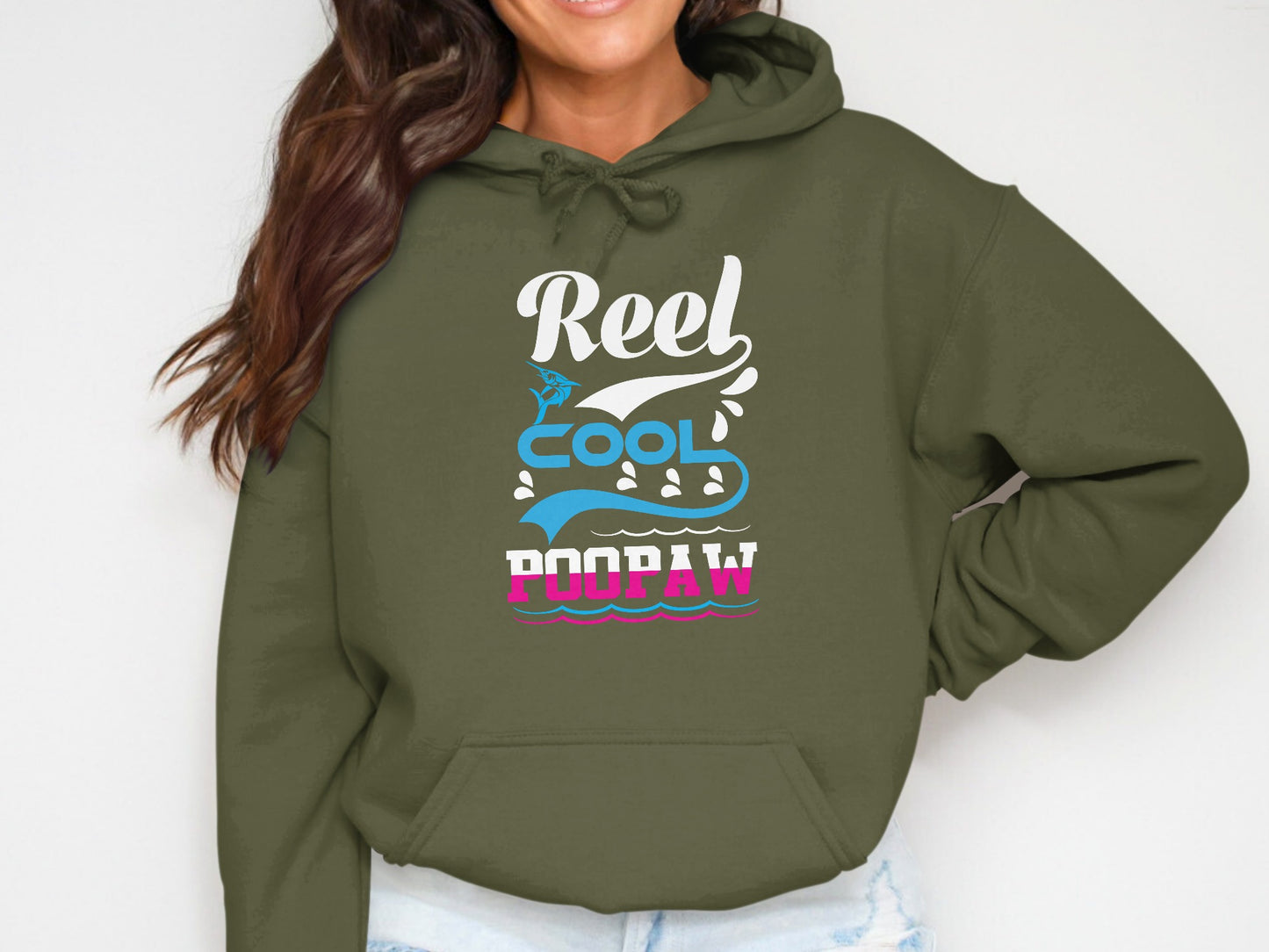 Green hoodie with "Reel COOL POOPAW" text in white and pink.