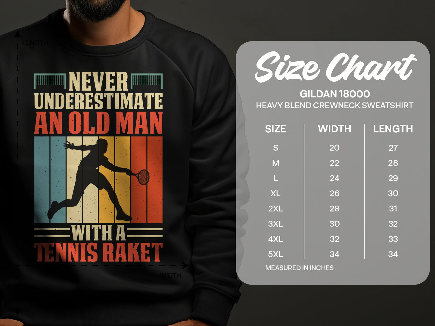 Sweatshirt with "Never Underestimate An Old Man With A Tennis Raket" graphic.