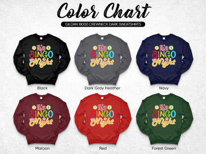 Color chart showing six Gildan 18000 crewneck sweatshirts with "It's Bingo Night" graphic.