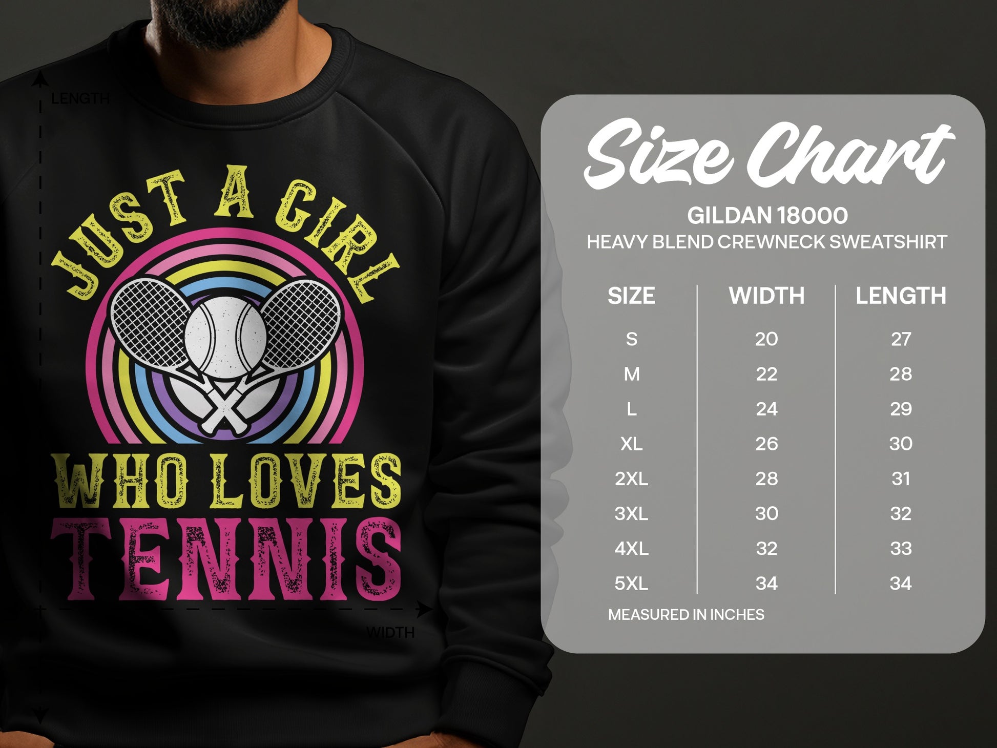 Graphic sweatshirt with text and tennis imagery, next to size chart.