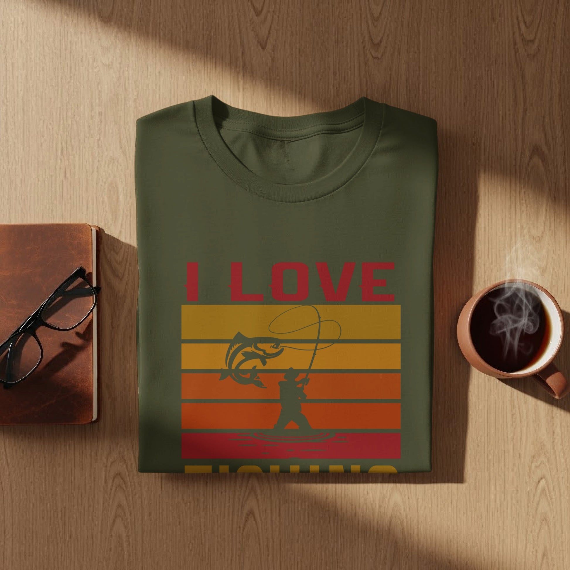 Olive green t-shirt with "I LOVE FISHING" text and a fishing graphic.