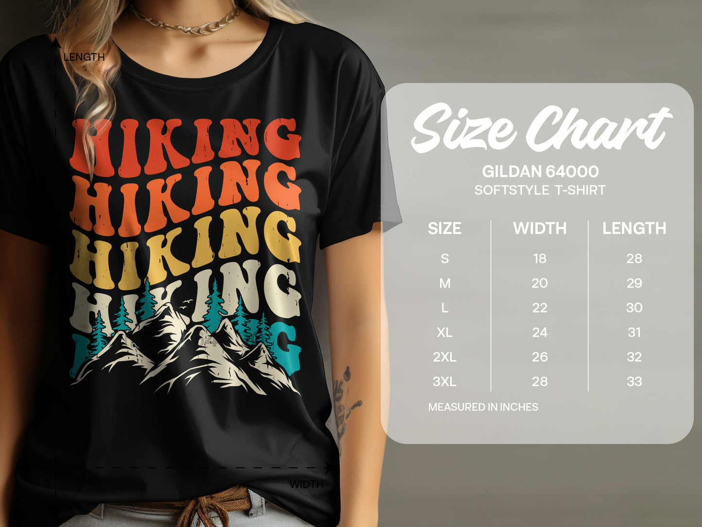 Black t-shirt with "Hiking Hiking Hiking" text and mountains graphic, with size chart.