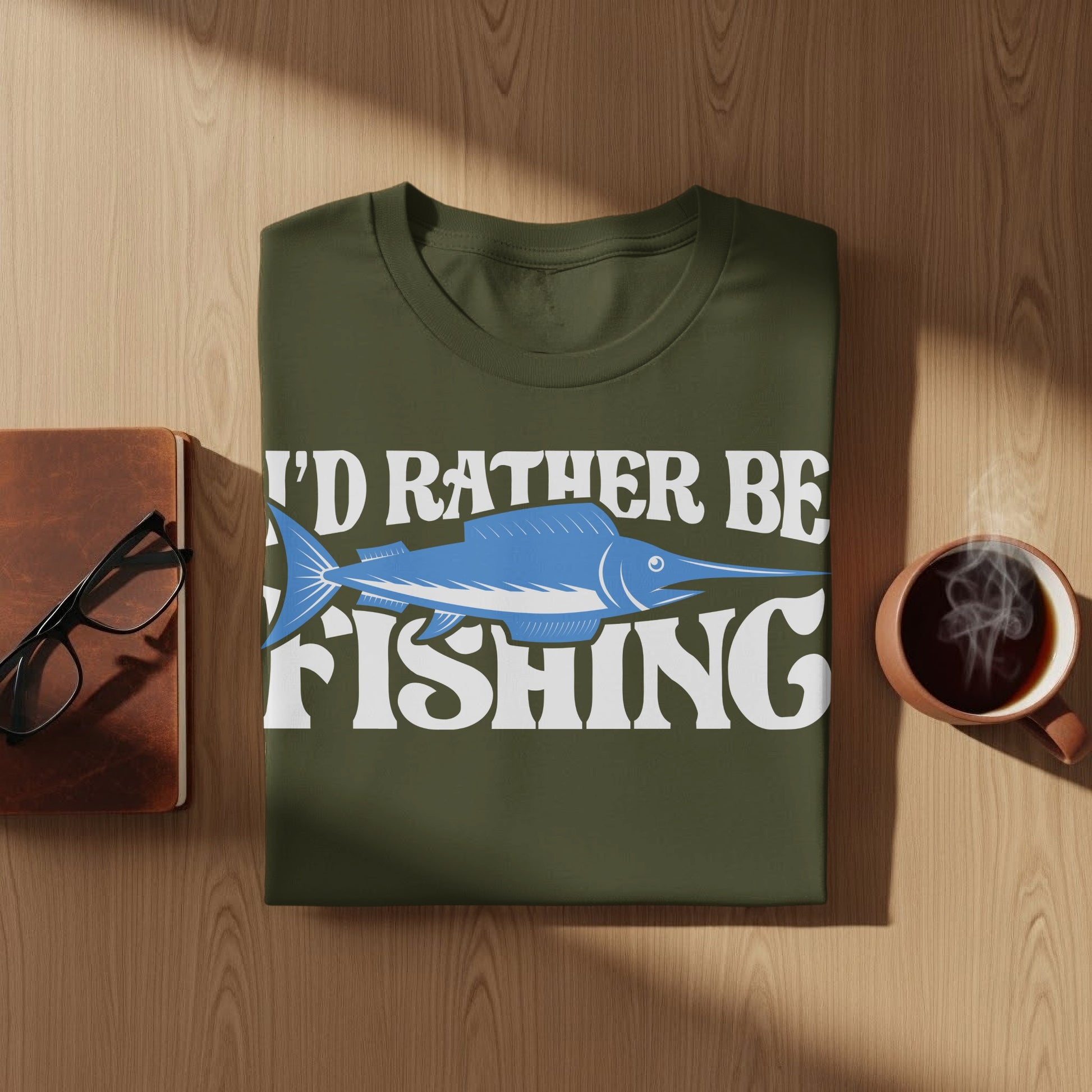 Olive green t-shirt with "I'd Rather Be Fishing" and a marlin graphic.