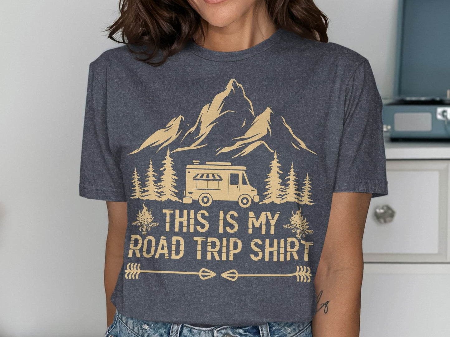 Dark grey t-shirt with mountains, trees, RV, and text.