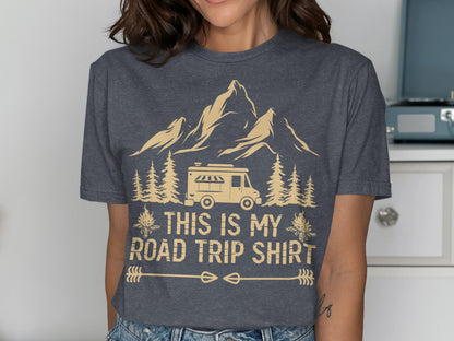 Dark grey t-shirt with mountains, trees, RV, and text.