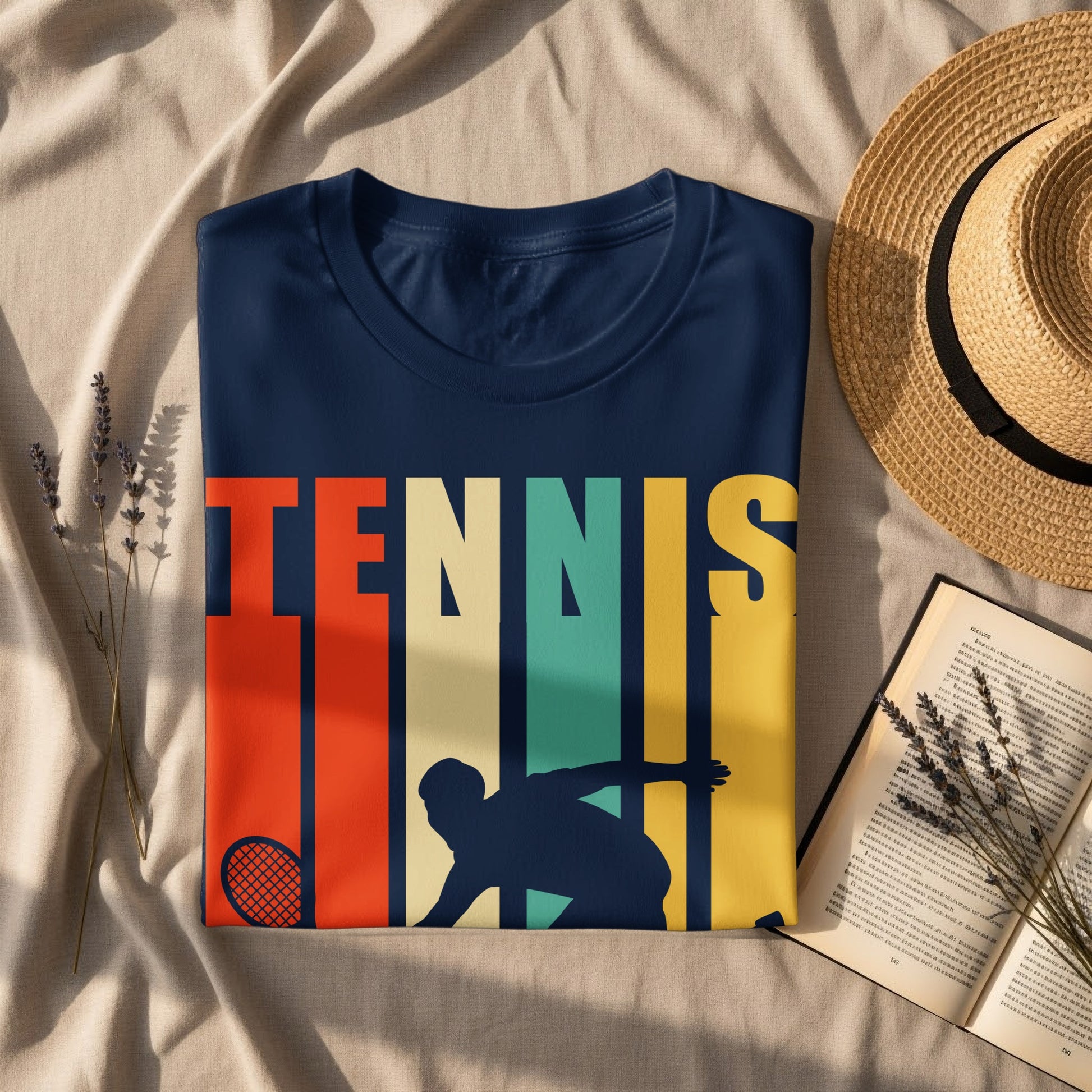 Navy t-shirt with "TENNIS" text and tennis player graphic.