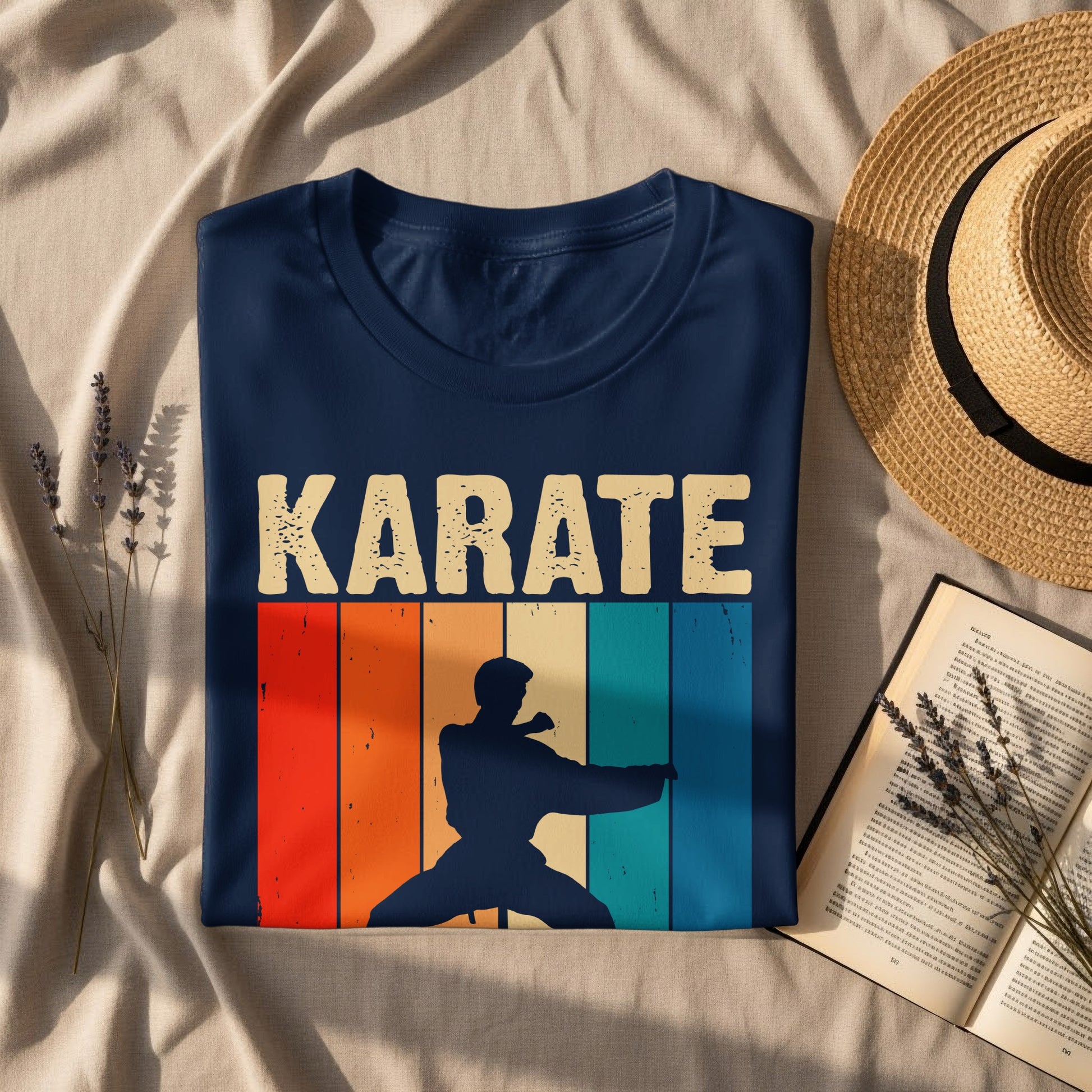 Navy t-shirt with "KARATE" text and a silhouetted martial artist.