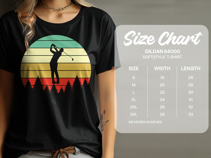 T-shirt size chart showing measurements for Gildan 64000 softstyle t-shirts.