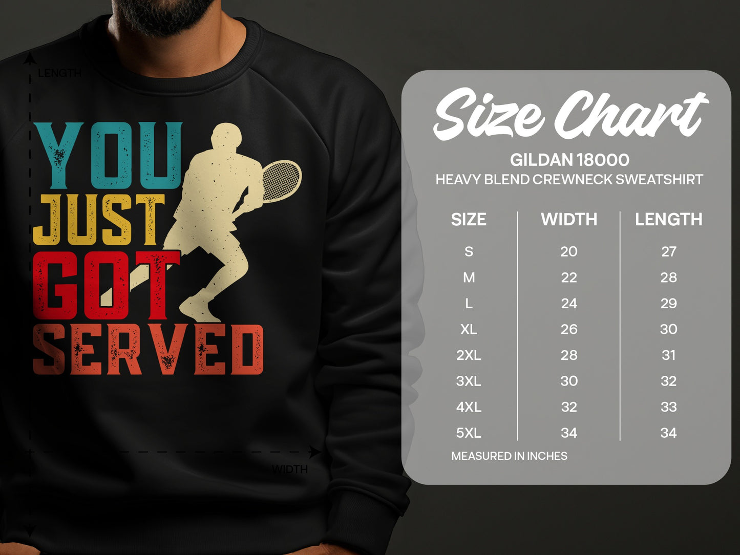 Graphic sweatshirt with text "YOU JUST GOT SERVED" and tennis player illustration, alongside a size chart.