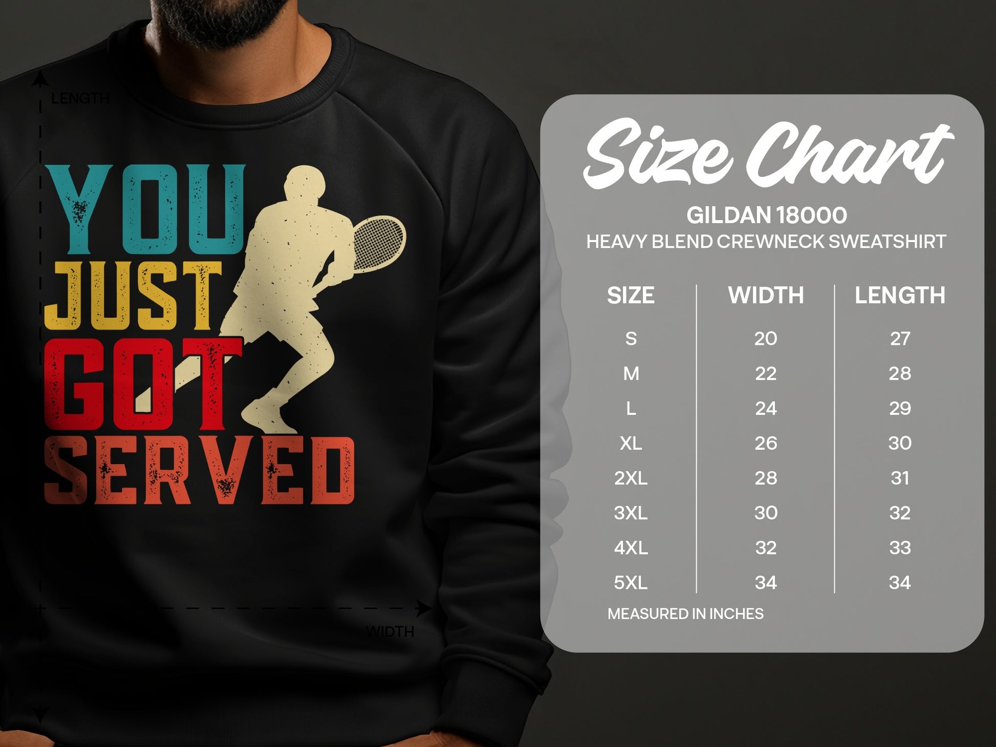 Graphic sweatshirt with text "YOU JUST GOT SERVED" and tennis player illustration, alongside a size chart.