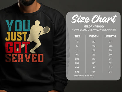 Graphic sweatshirt with text "YOU JUST GOT SERVED" and tennis player illustration, alongside a size chart.