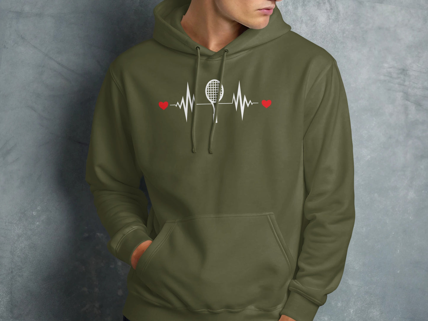 Olive green hoodie with a white heartbeat design featuring a tennis racket.
