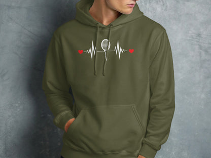 Olive green hoodie with a white heartbeat design featuring a tennis racket.