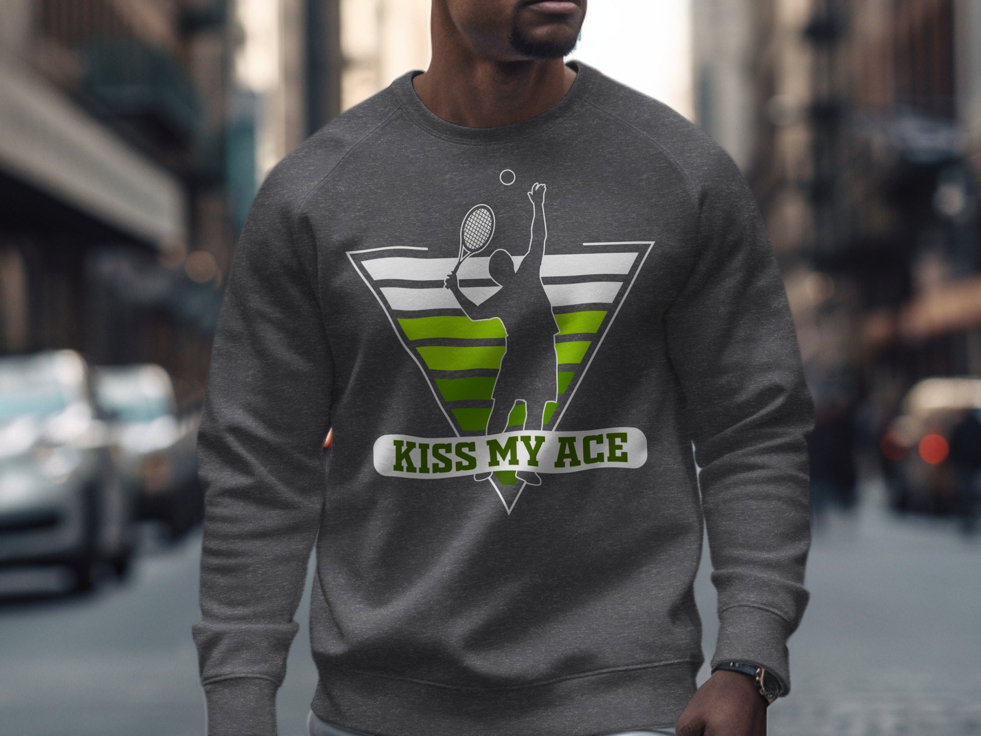 Gray sweatshirt with a tennis player silhouette and "Kiss My Ace" text.