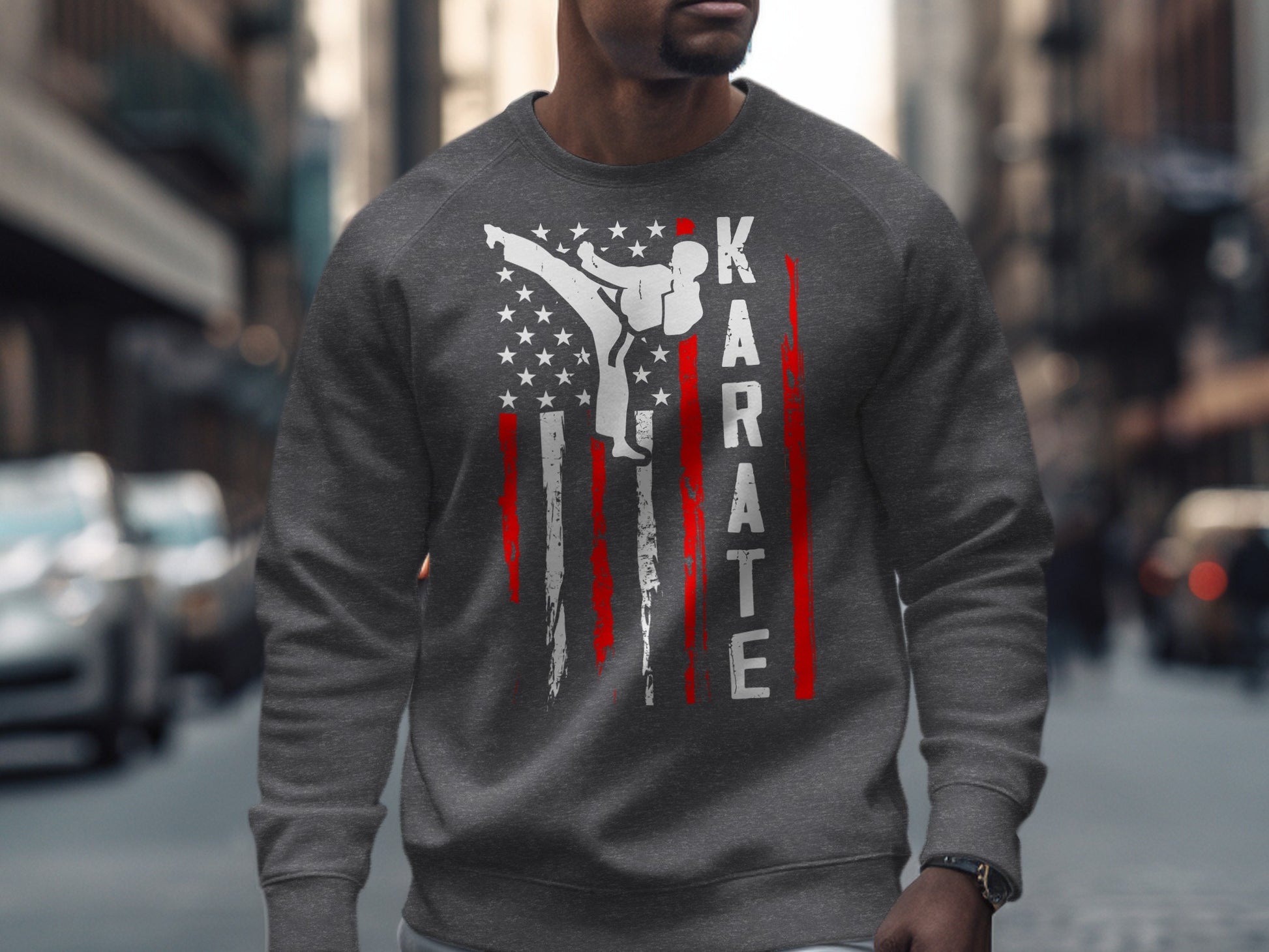 Grey sweatshirt with Karate graphic and American flag stripes.