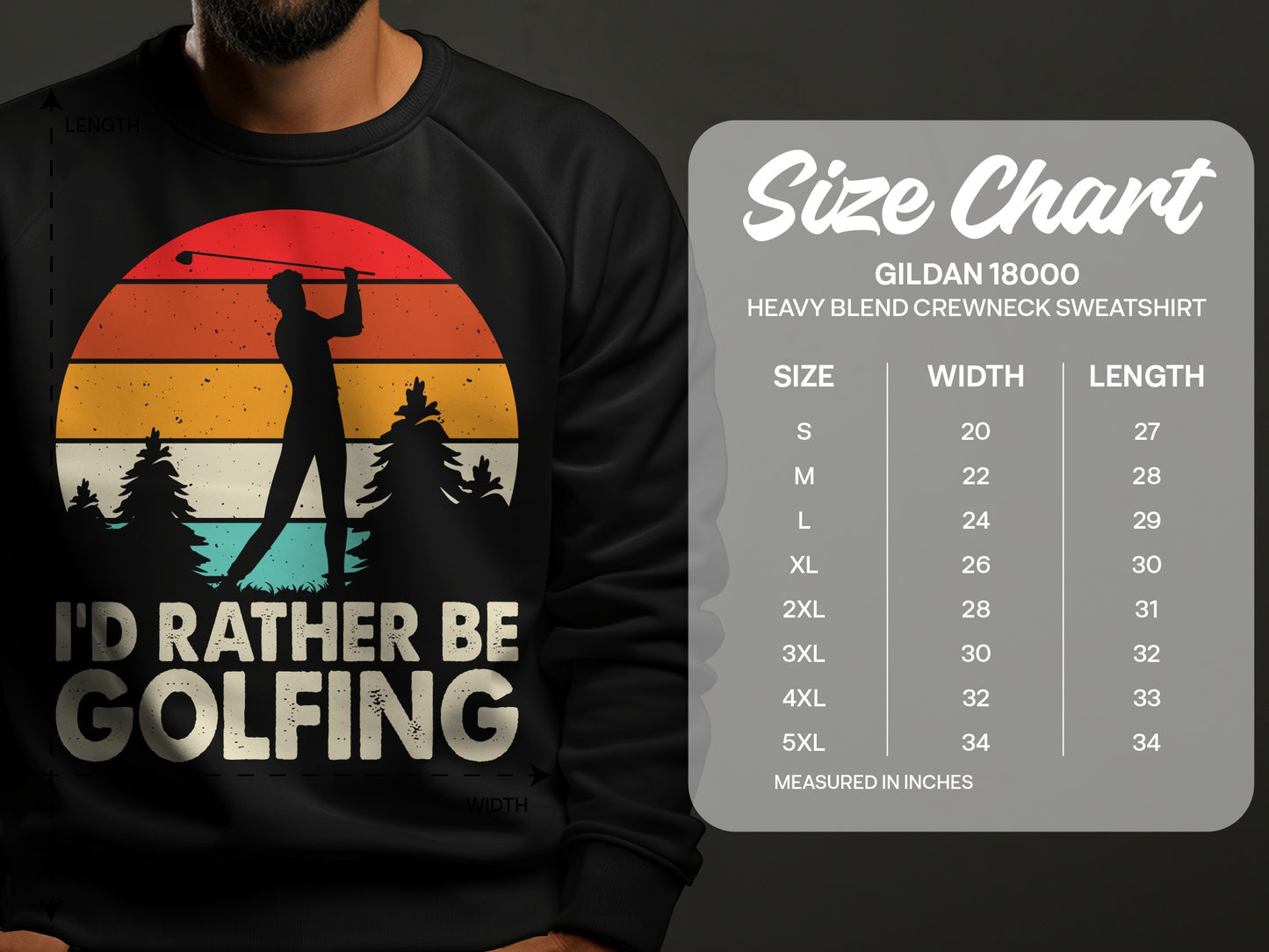 Sweatshirt graphic with sunset, golfer, and size chart for Gildan 18000 crewneck.
