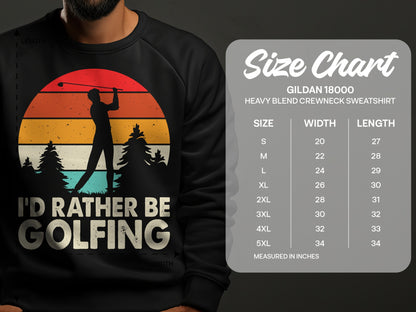 Sweatshirt graphic with sunset, golfer, and size chart for Gildan 18000 crewneck.