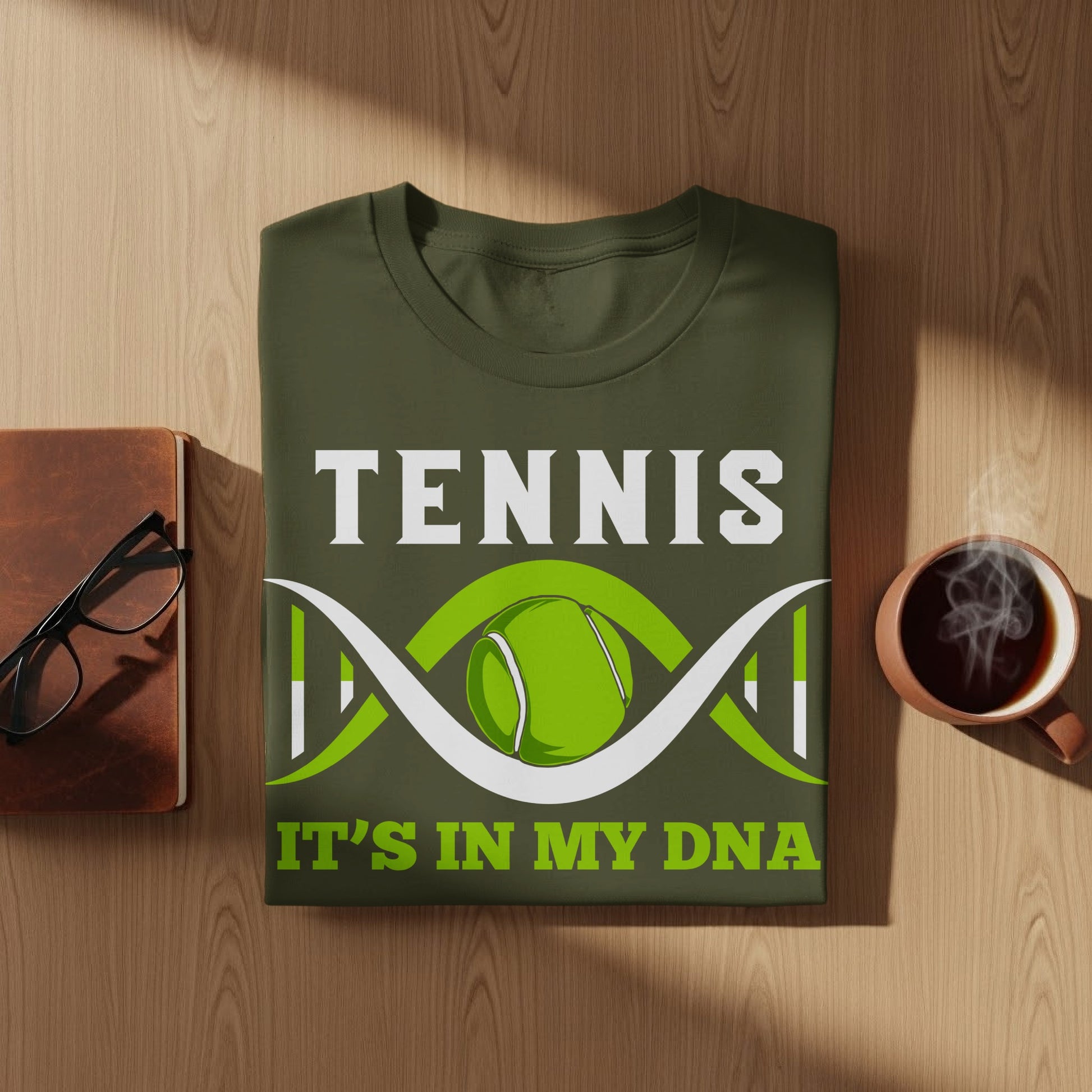 Green t-shirt with "TENNIS IT'S IN MY DNA" and a tennis ball graphic.