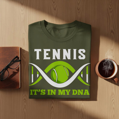 Green t-shirt with "TENNIS IT'S IN MY DNA" and a tennis ball graphic.