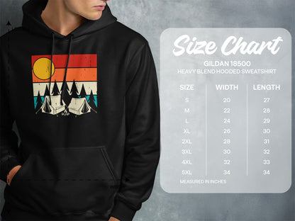 Size chart for Gildan 18500 heavy blend hooded sweatshirt.