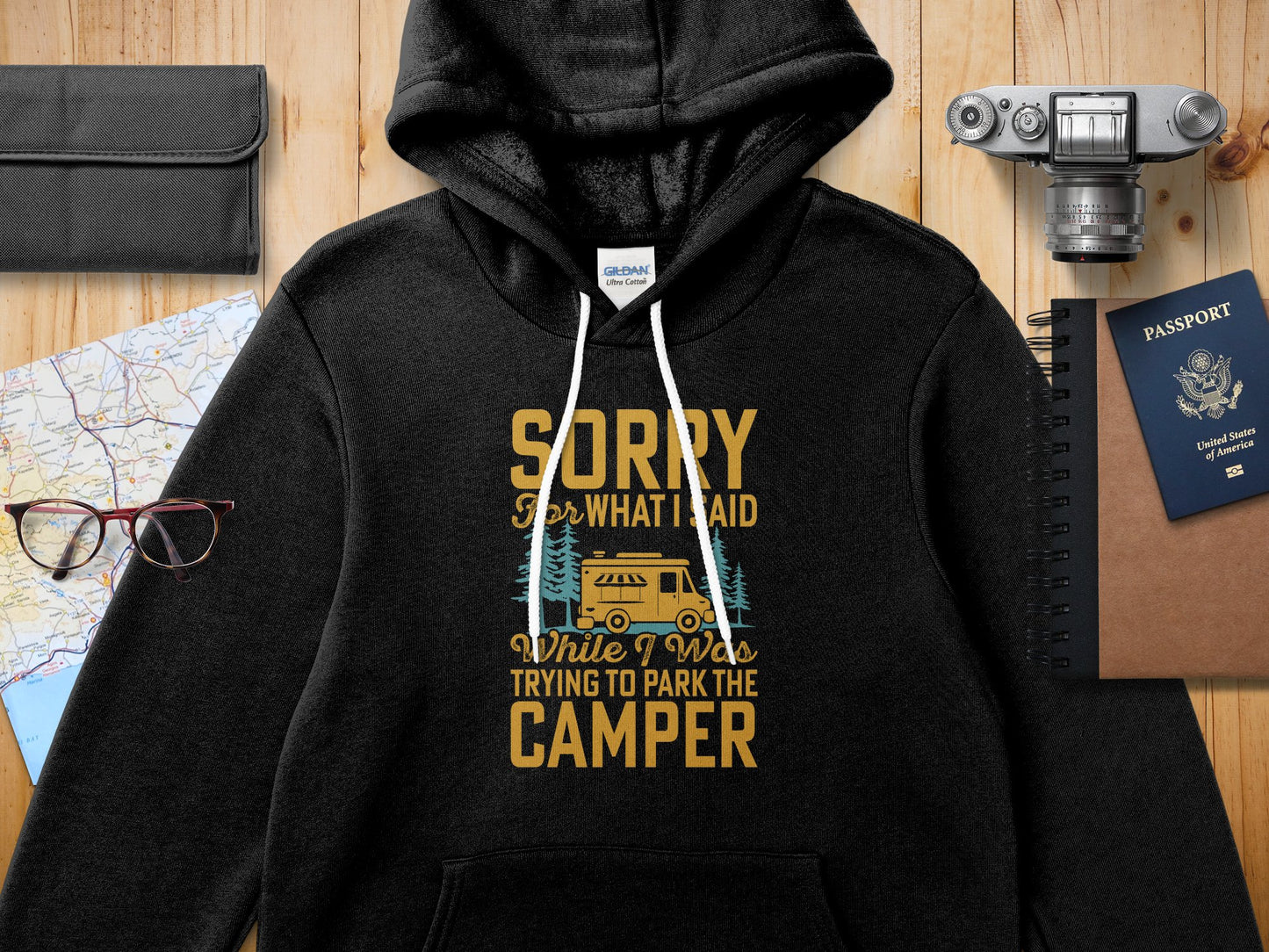 Black Gildan hoodie with text about parking a camper.