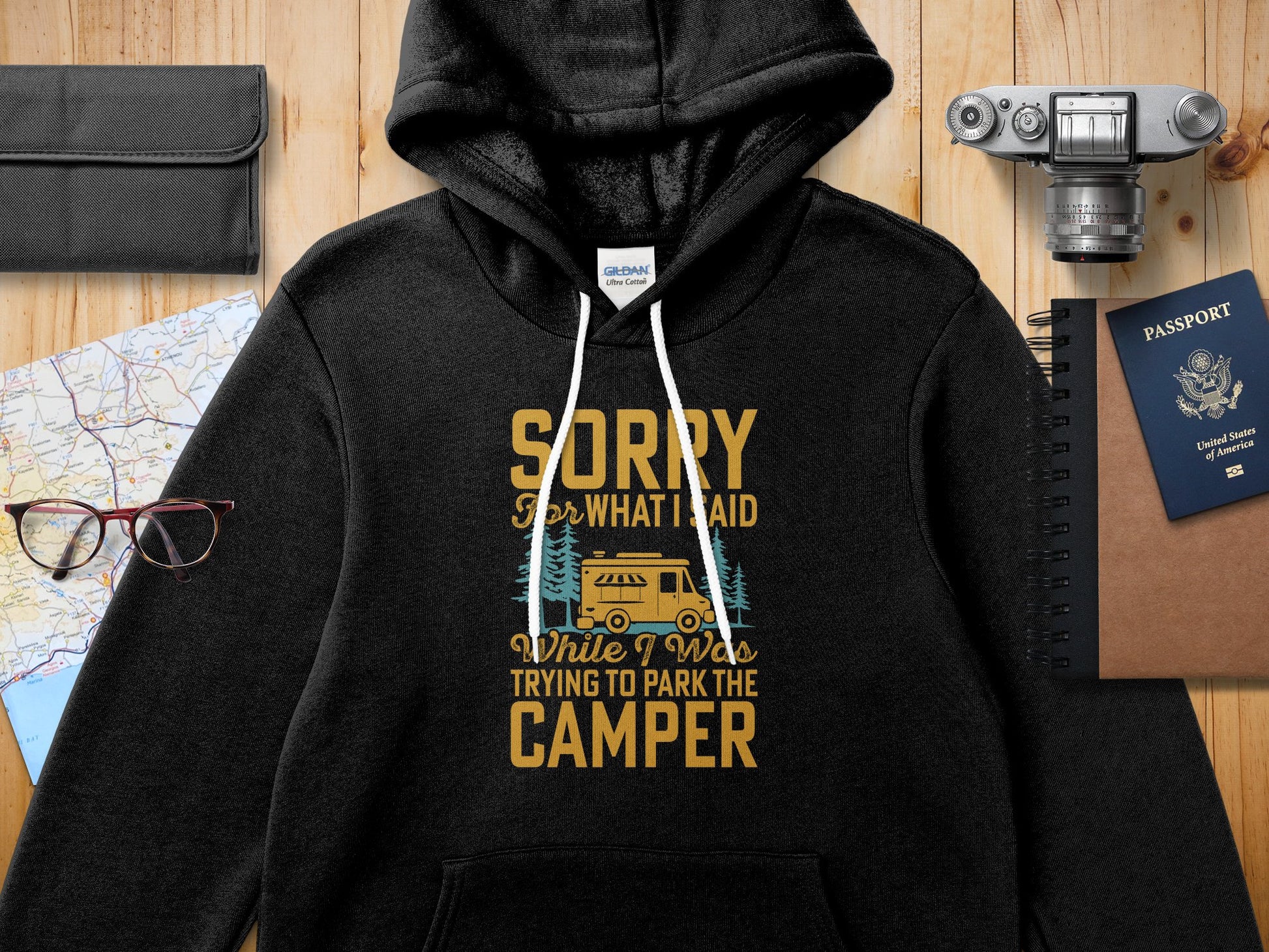 Black Gildan hoodie with text about parking a camper.