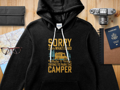 Black Gildan hoodie with text about parking a camper.