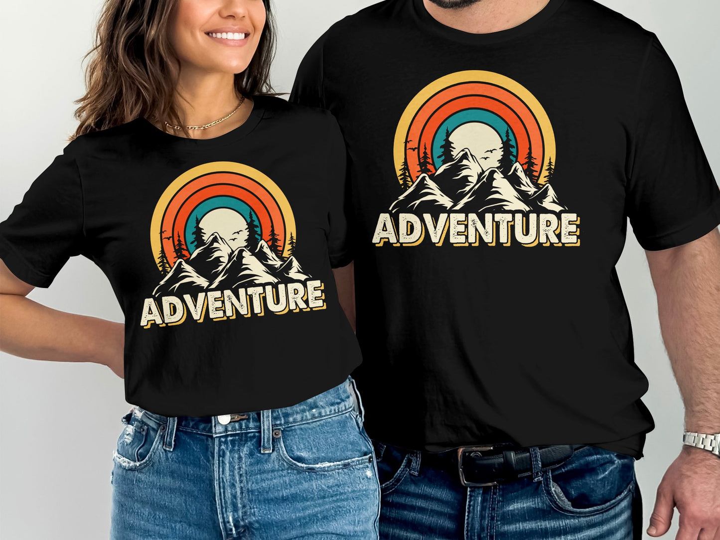 T-shirts with "Adventure" text and a retro mountain landscape design.
