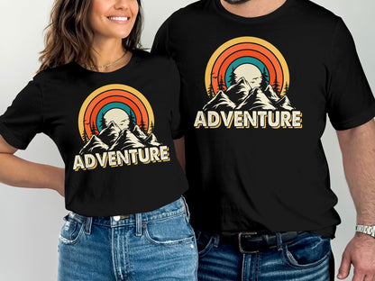 T-shirts with "Adventure" text and a retro mountain landscape design.