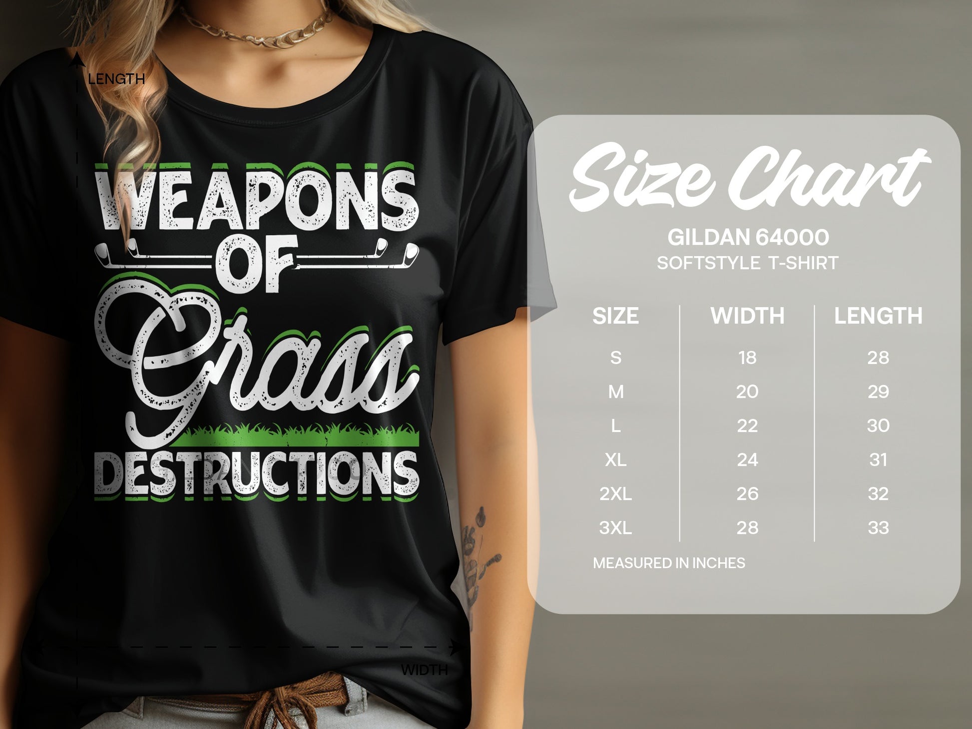 Black t-shirt with "Weapons of Grass Destructions" graphic and a size chart.