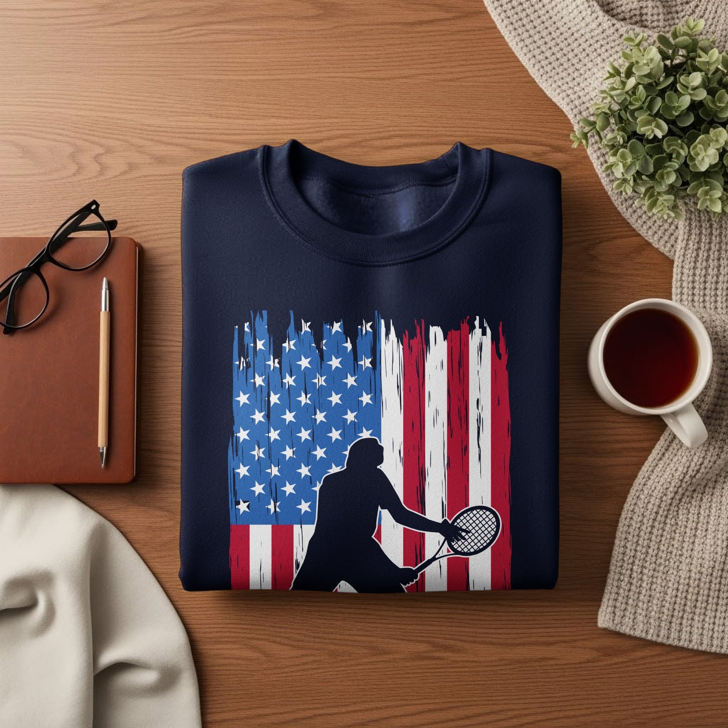 Navy sweatshirt with distressed American flag and tennis player silhouette.
