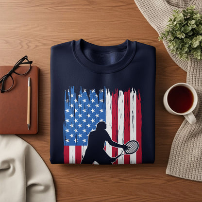 Navy sweatshirt with distressed American flag and tennis player silhouette.