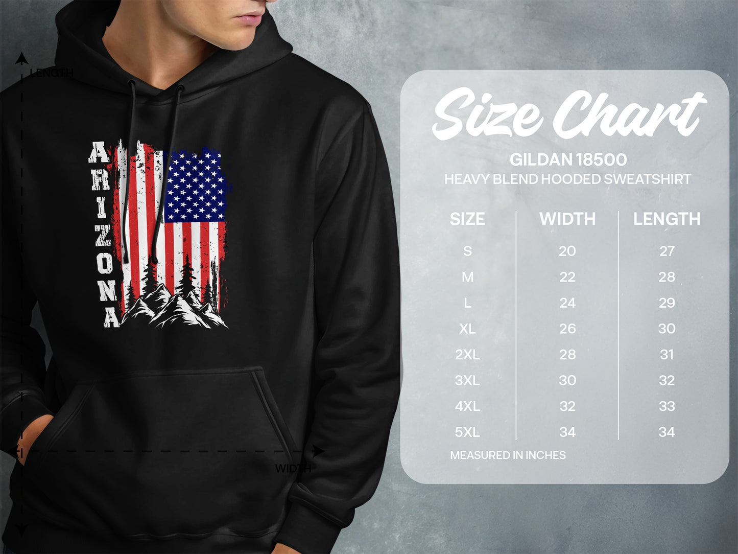Gildan 18500 hooded sweatshirt size chart with Arizona flag design.