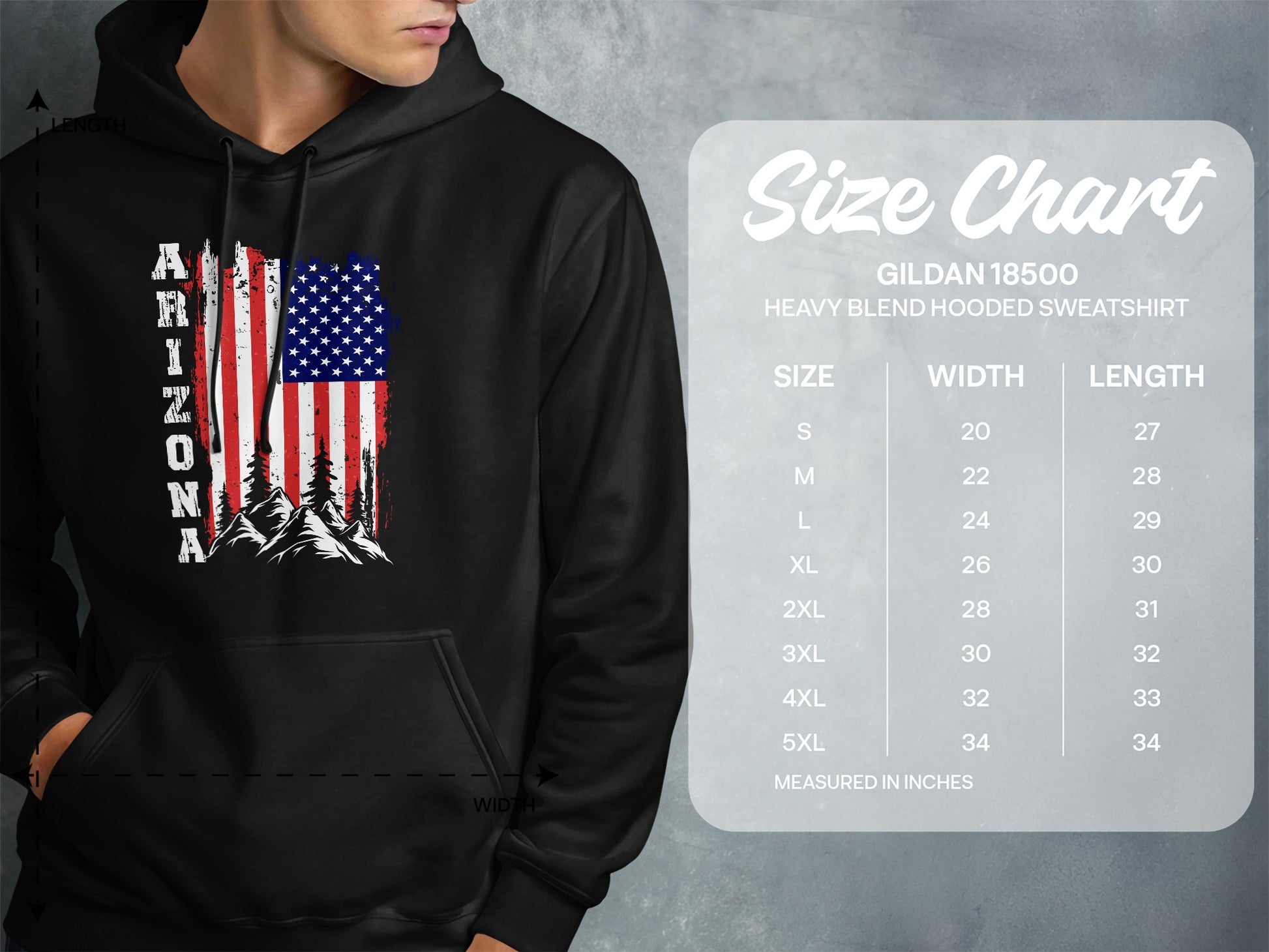 Gildan 18500 hooded sweatshirt size chart with Arizona flag design.