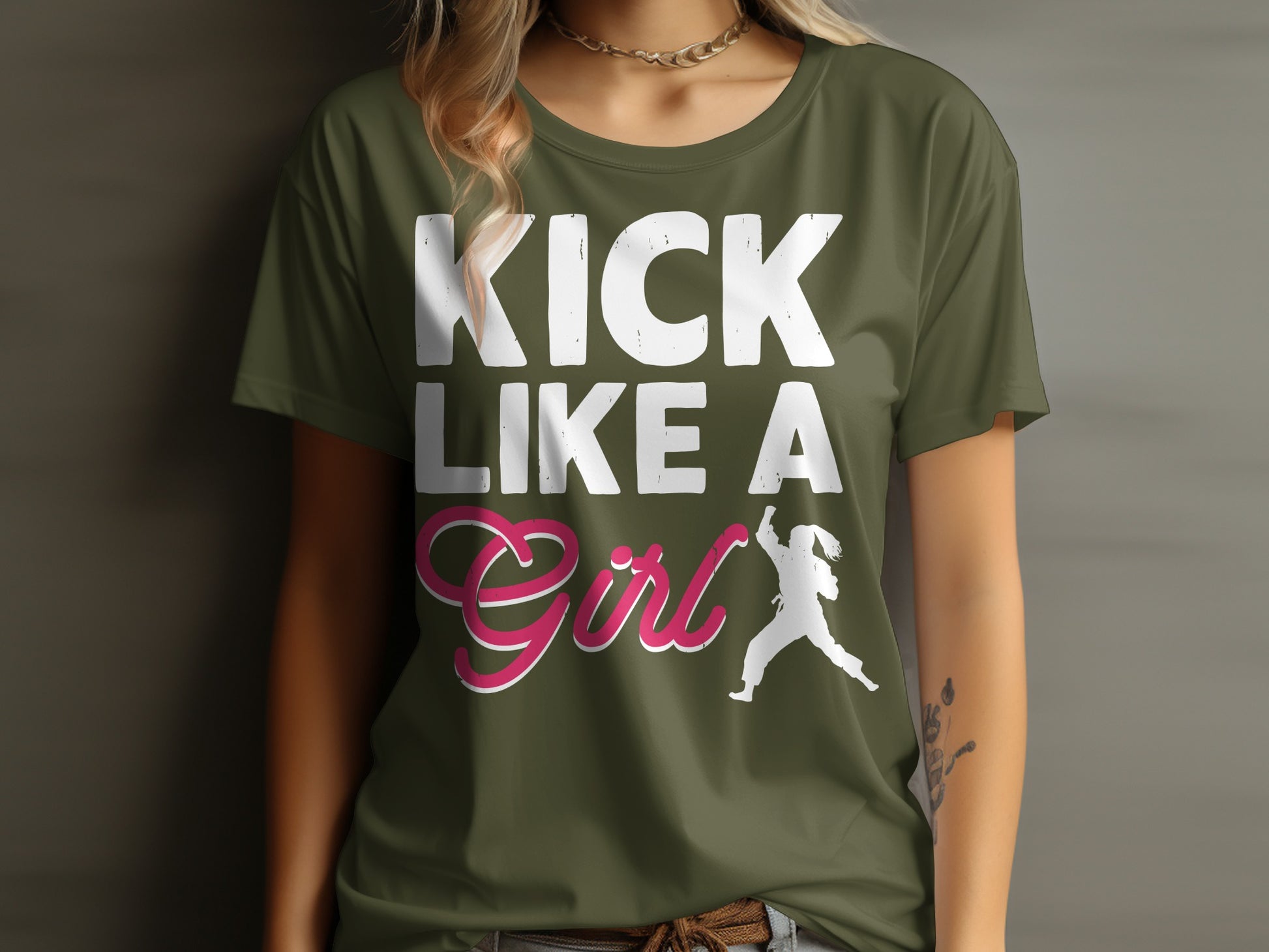 Green t-shirt with "KICK LIKE A GIRL" text and silhouetted girl kicking.