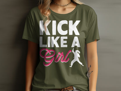 Green t-shirt with "KICK LIKE A GIRL" text and silhouetted girl kicking.