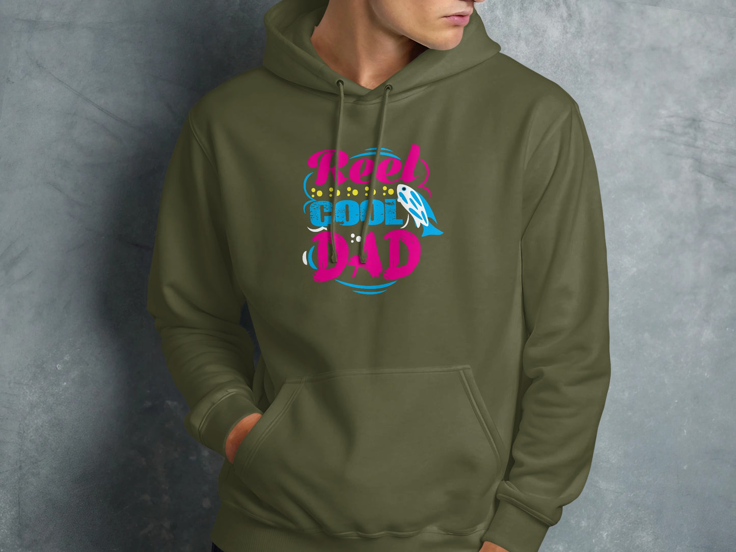 Olive green hoodie with "Reel Cool Dad" text graphic.