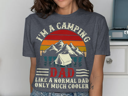 Camping dad t-shirt with tent, mountains, and text.