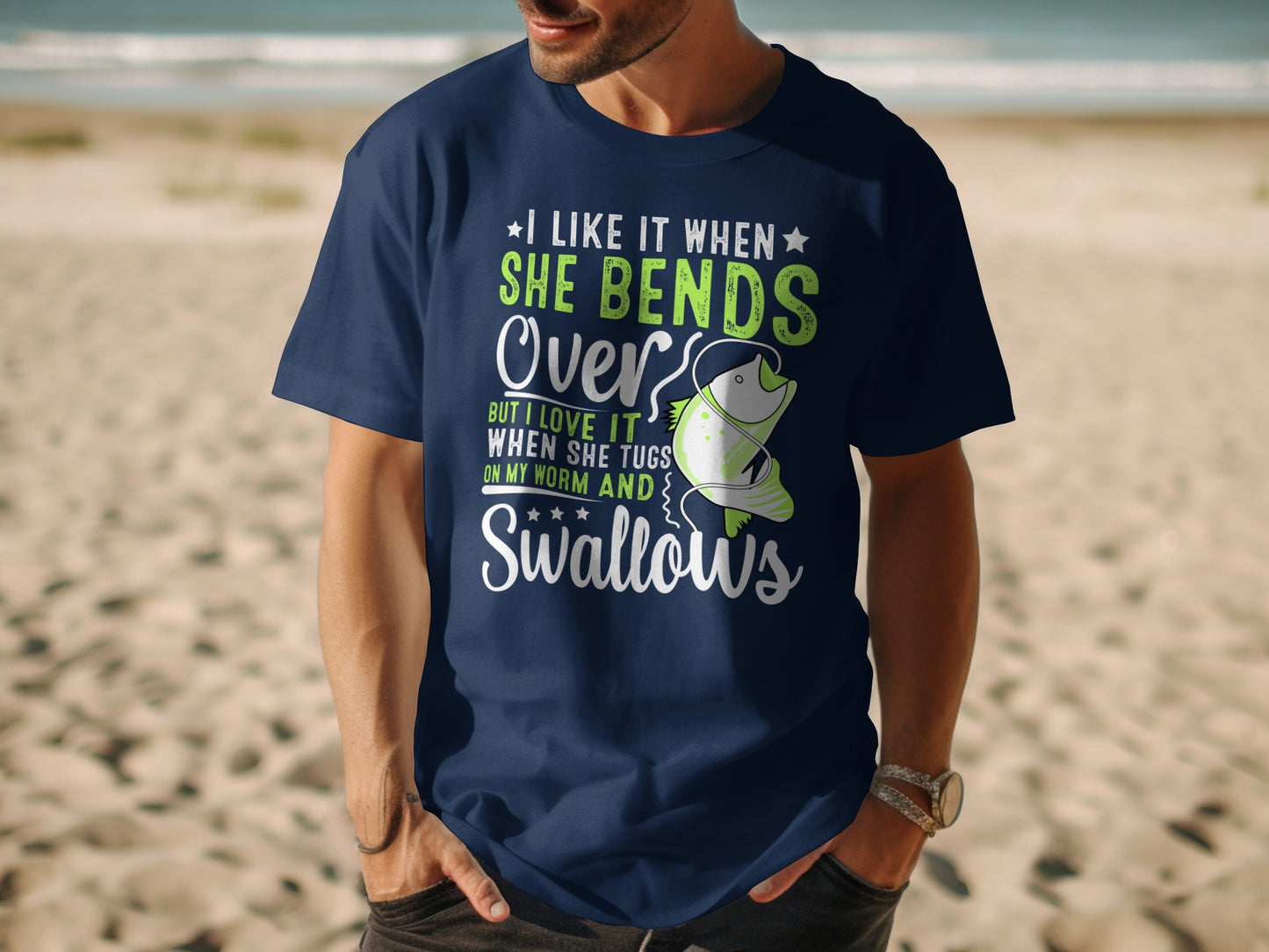 Navy t-shirt with fishing-themed text about a woman and a fish.
