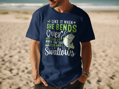 Navy t-shirt with fishing-themed text about a woman and a fish.