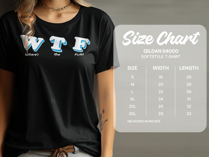 Black t-shirt with "WTF Where's The Fish?" and size chart.