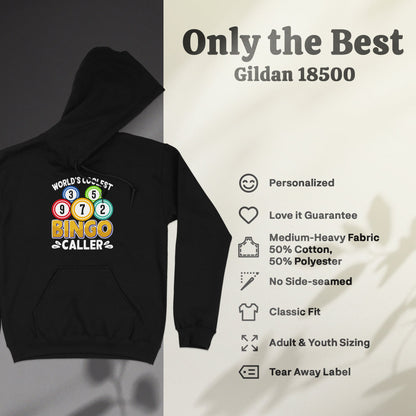 Black Gildan 18500 hoodie with "World's Coolest Bingo Caller" graphic and product features.