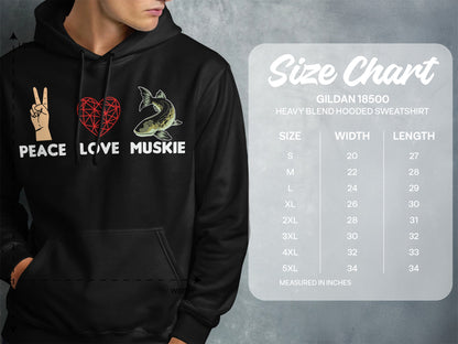 Size chart for Gildan 18500 heavy blend hooded sweatshirt with graphics.